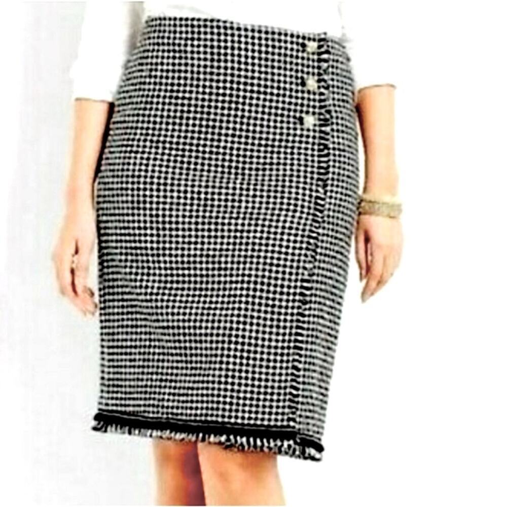 Talbots Houndstooth Faux Wrap Tweed Fringe Trim Pencil Skirt Black White Size 4P